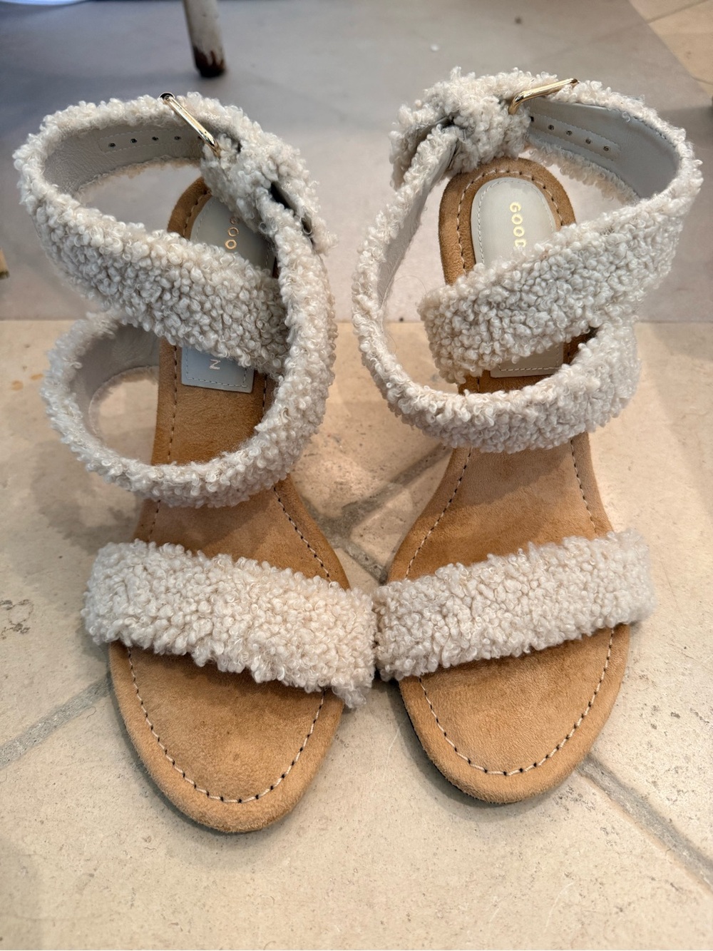 Good American Cream Sherpa Strappy Heeled Sandals